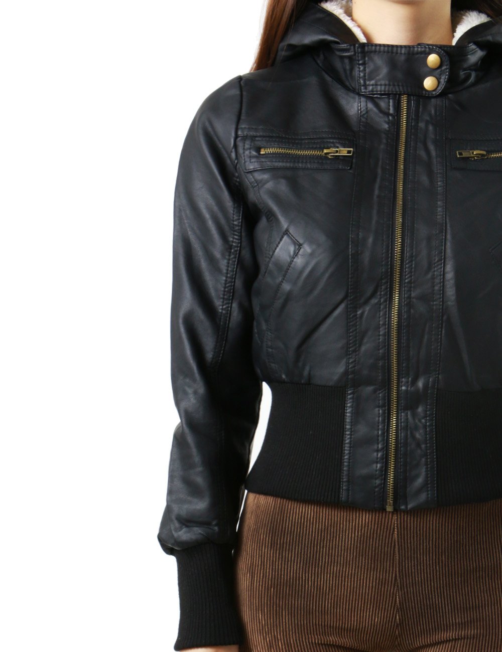 Zip Up Stylish Faux Leather Bomber Jacket with Hoodie for Women Buy