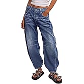 Flamingals Barrel Leg Jeans for Women Mid Waist Casual Baggy Boyfriend Stitch Detail Denim Jeans