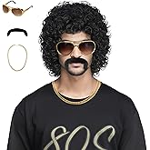 M MISS U HAIR Black Jerry Curl Wig with Mustache and Gold Necklace for Men Women 70s 80s Disco Rock Costume Party Wigs
