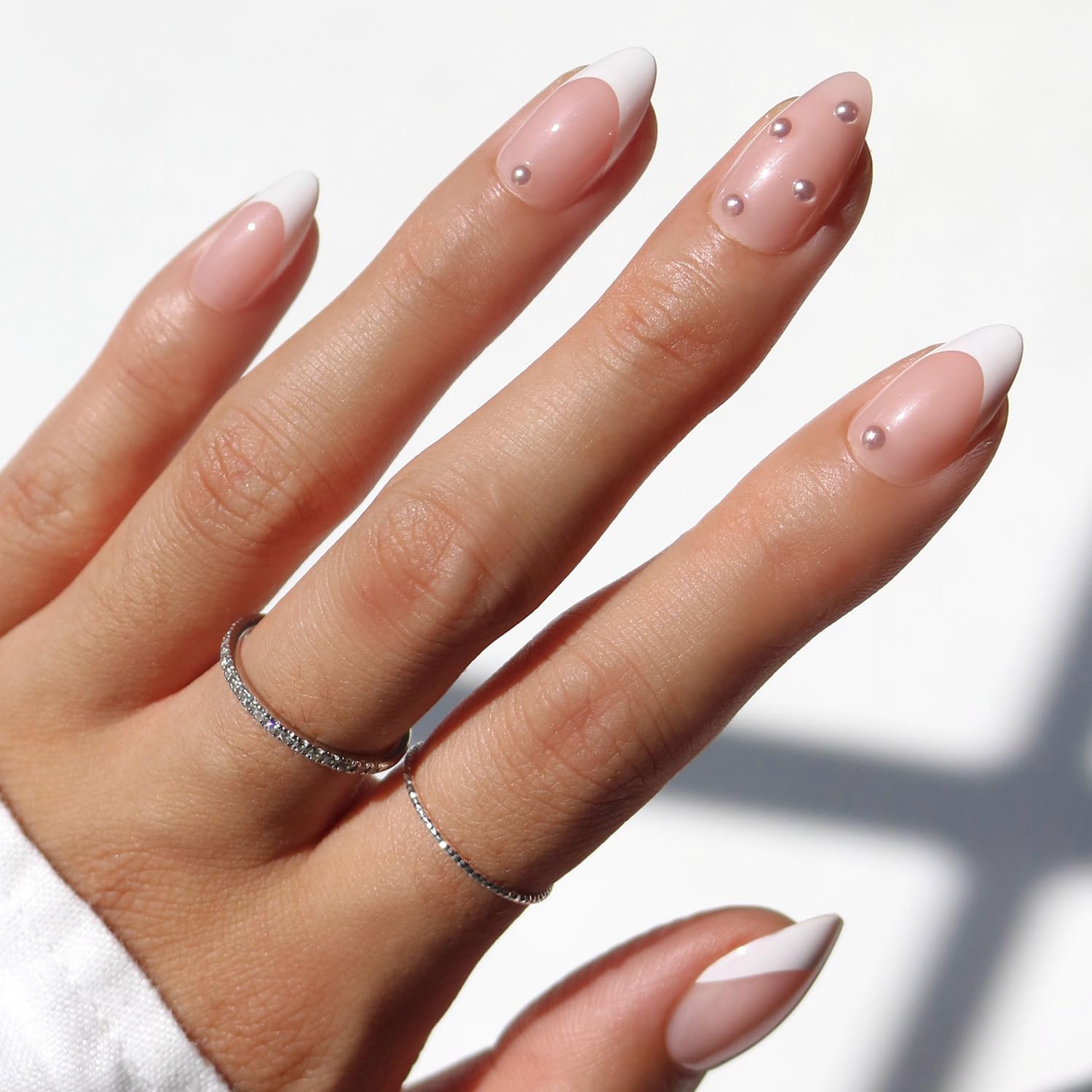 Photo 1 of Glamnetic x GLAMZILLA Press On Nails - ALWAYS & FOREVER | Short Almond French Tip Fake Nails with 3D Pearls, Salon Quality Wedding Nails | 15 Sizes - 30 Nail Kit with Glue