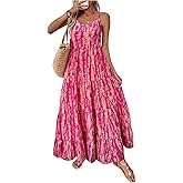 OYOANGLE Women's Printed Spaghetti Strap Boho Maxi Dress Sleeveless Tiered Flowy Hawaiian Sundress