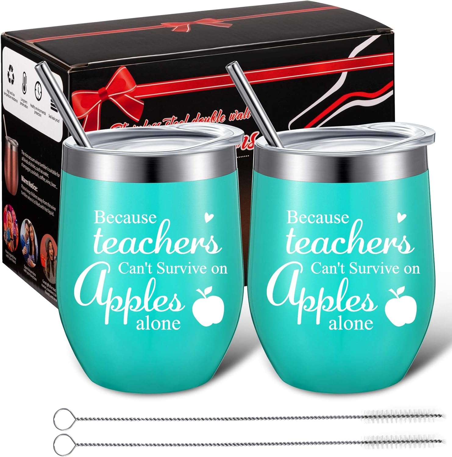 2 Pieces Teacher Can't Survive on Apples Alone, Thank You Teacher Appreciation Gift for Women Funny Birthday Christmas Thanksgiving Teacher Gifts 12 oz Wine Tumbler with Straw and Brush (Mint)
