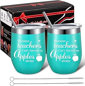 2 Pieces Teacher Can't Survive on Apples Alone, Thank You Teacher Appreciation Gift for Women Funny Birthday Christmas Thanksgiving Teacher Gifts 12 oz Wine Tumbler with Straw and Brush (Mint)