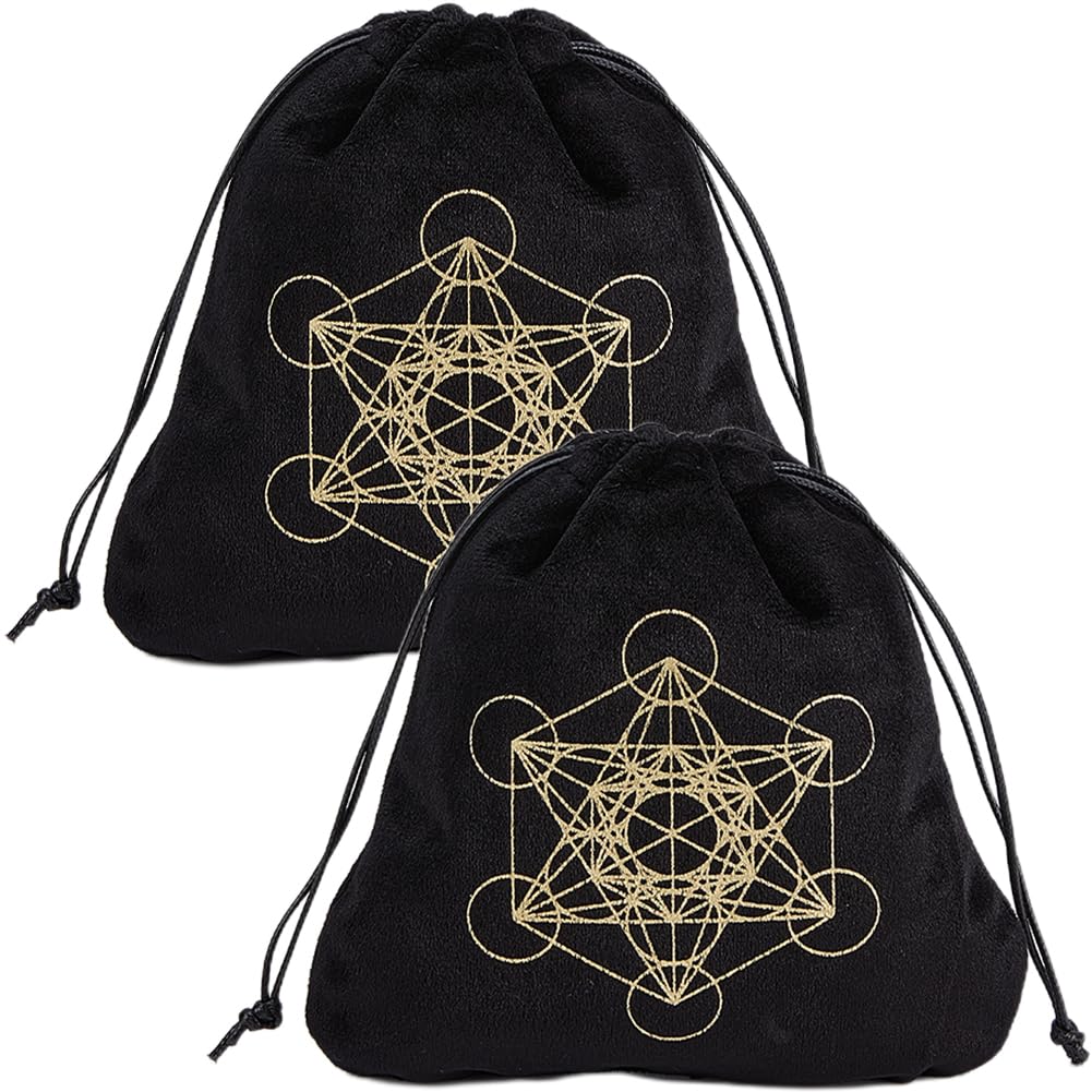 CREATCABIN 2Pcs Tarot Bags Velvet Tarot Card Storage Bag Pouches Holder Metatron's Cube Set Rune with Drawstrings Large Packing for Tarot Card Crystal Jewelry Dice Gift Halloween 6.5 x 5.9 Inch-Black