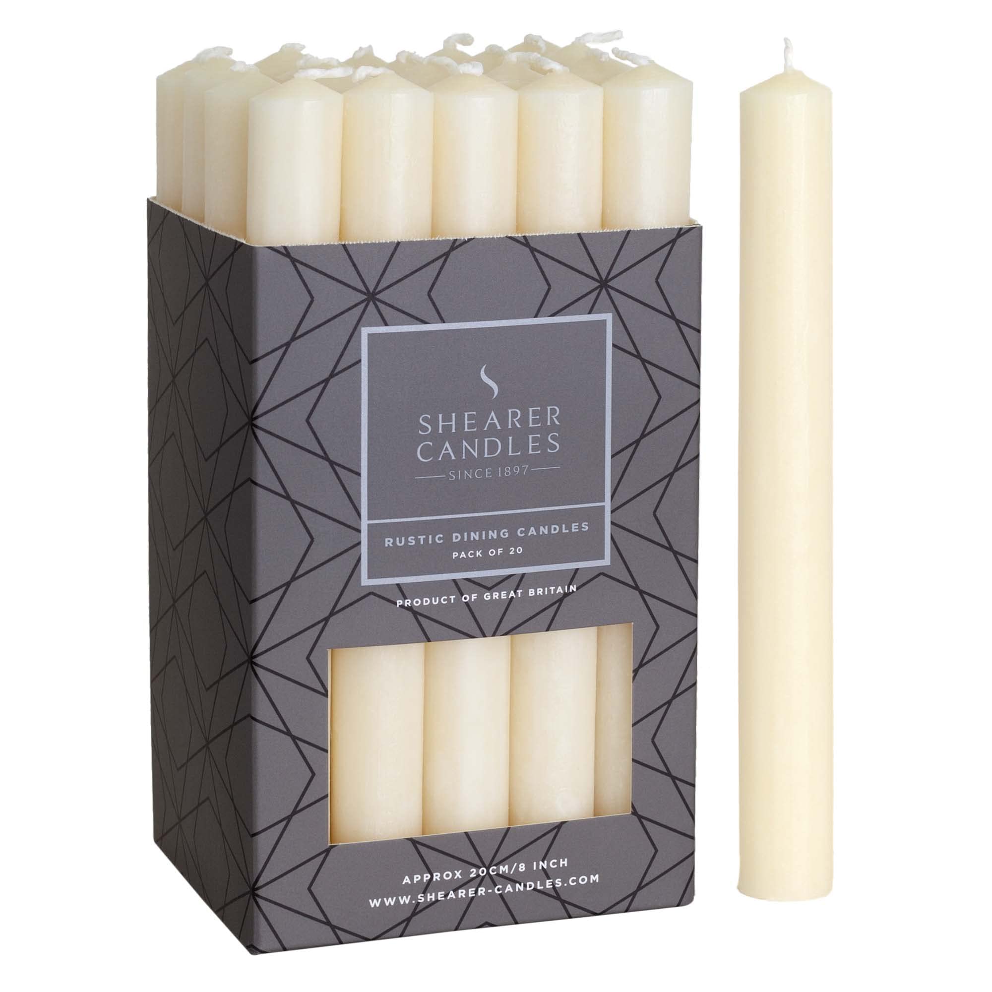Shearer Candles Ivory - Dinner Candles - 8 inch - Unscented Dinner Candles - 8 Hour Burn Time - 20 Pack