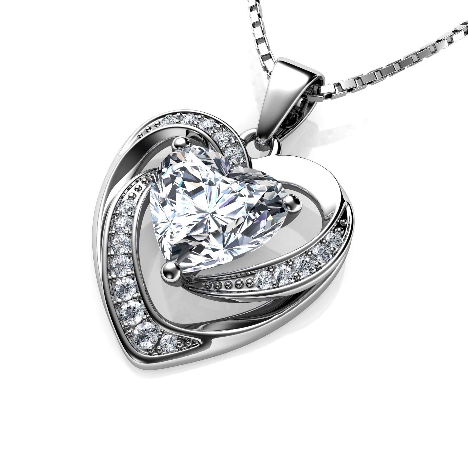 DEPHINI Crystal Heart Necklace โ 925 Sterling Silver, Cubic Zirconia Pendant, Rhodium Plated Jewellery for Women (White) โ image 1