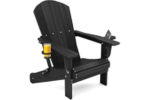 SERWALL Folding Adirondack Chair, Dual Cup Holders & All-Weather HDPE, Wood-Like Patio Chair for Backyard- Black
