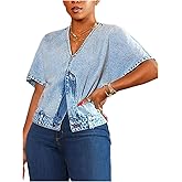 SOLY HUX Women's Denim Tops V Neck Short Sleeve Split Zipper Front Jean Shirt Blouse