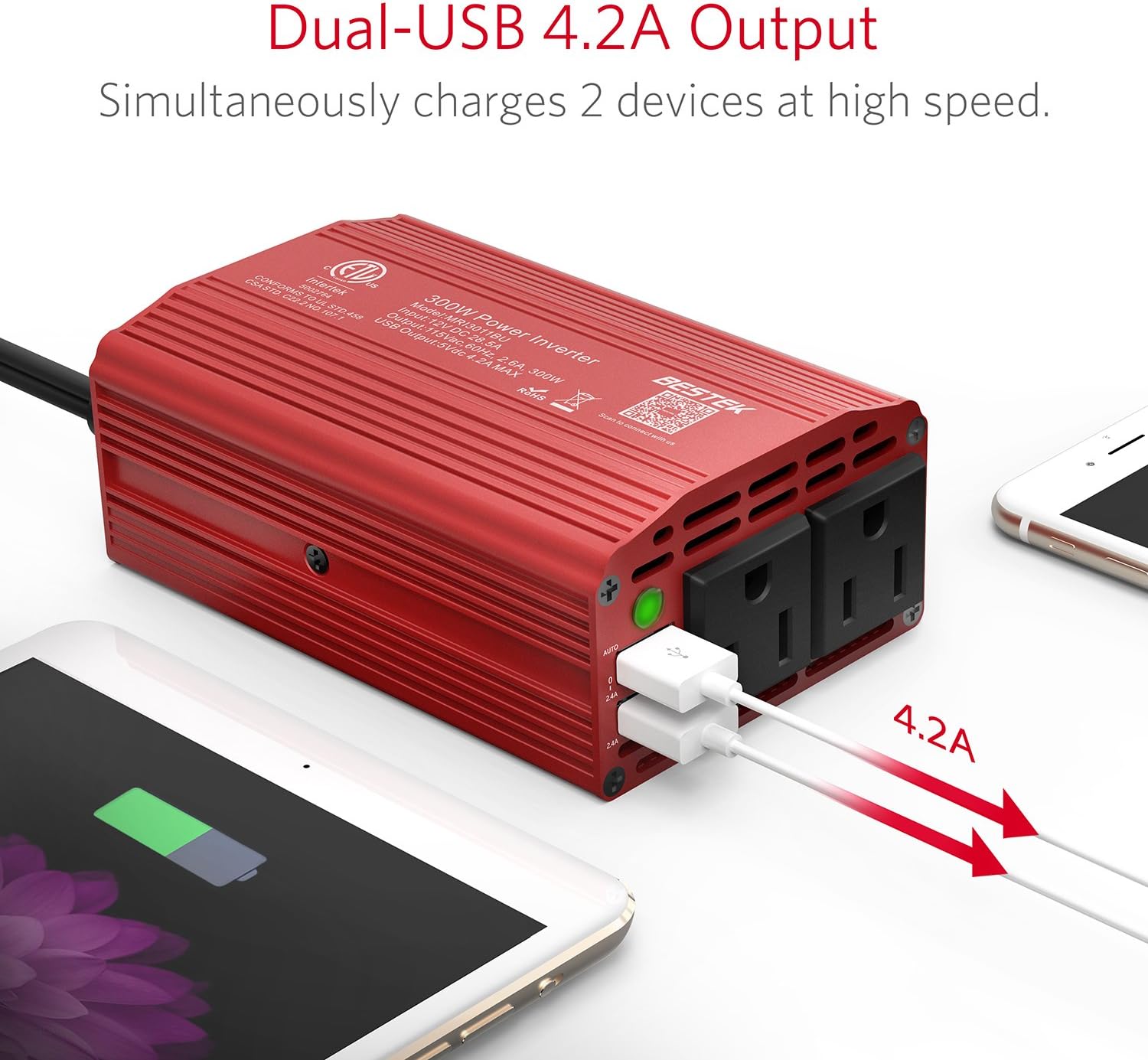 BESTEK 300W Power Inverter DC 12V to 110V AC Car Inverter with 4.2A Dual USB Car Adapter: Electronics