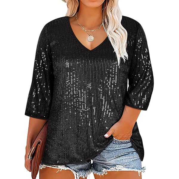 SOLY HUX Women’s Cold Shoulder V Neck Short Sleeve T-Shirt – Contrast Sequin Top, Stretchy Casual Tee For Summer & Going Out - View #9