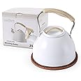 LONFFERY Tea Kettle for Stove Top, 3.2 Quart Whistling Tea Kettle, Food Grade Stainless Steel and Wood Pattern Folding Handle, White
