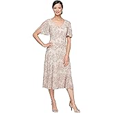 Alex Evenings Womens Midi Stretch Lace & Sequin Formal Dress, Wedding Guest, Mother of The Bride (Petite and Regular Sizes)