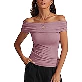 Prettywear Women's Sexy Off Shoulder Tops Y2K T-Shirt Slim Fit Short Sleeves Spring Summer Blouse Going Out Nightout Shirt