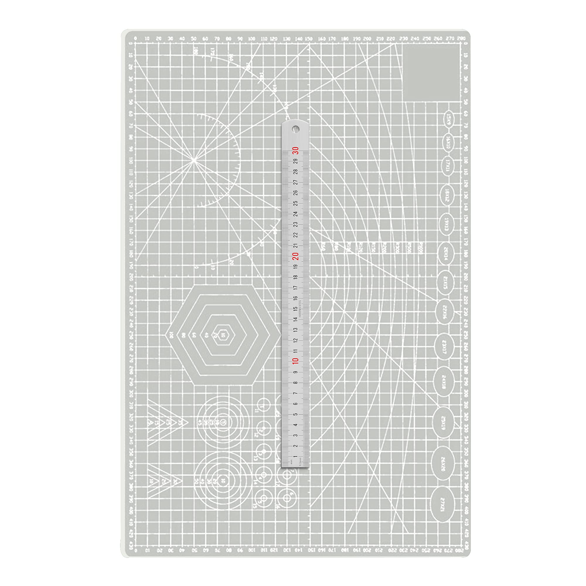 TEN-HIGH A2 Self-Healing Cutting Mat, Grey, 2 mm Thick, Craft Mat 60 cm x 45 cm, with Steel Ruler