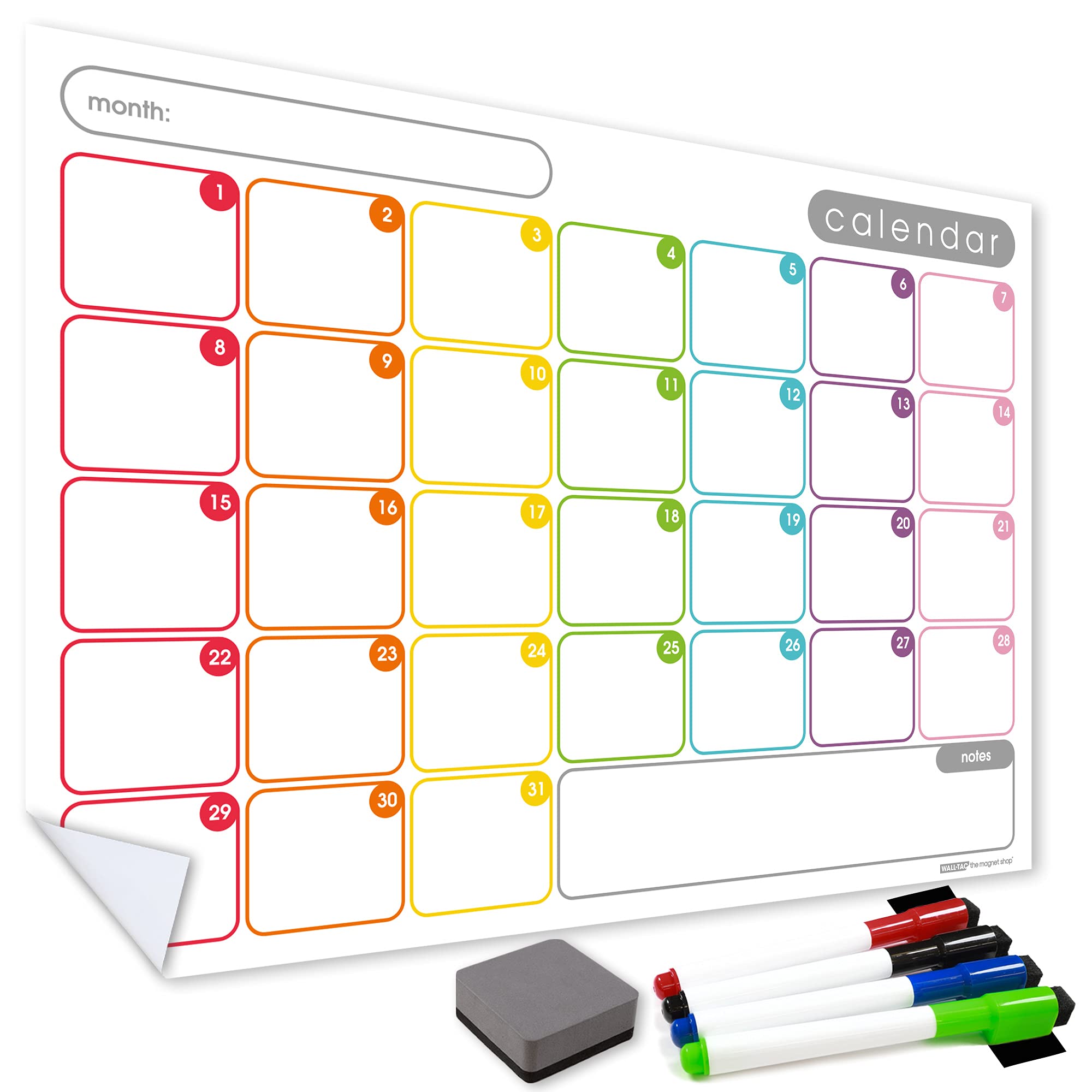 WallTAC Wall Planner and Dry Erase Monthly Calendar A3 | Reusable, Removable and Re-Positionable Whiteboard | With 4 Dry Wipe Pens + Eraser (Legacy Multi-Colour, A3)