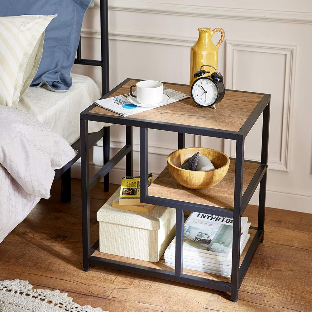Linsy Home Industrial Side Table, 3-Tier End Table with Storage Shelf, Wood Look with Metal Frame, LS209J1-A: Kitchen & Dining