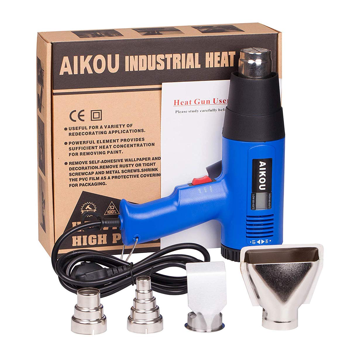 Pistola ad Aria Calda, 1800 W, Temperatura Regolabile in Continuo da 60° C a 600° C inclus LCD e 4 Pz Resistente al Calore Ugelli