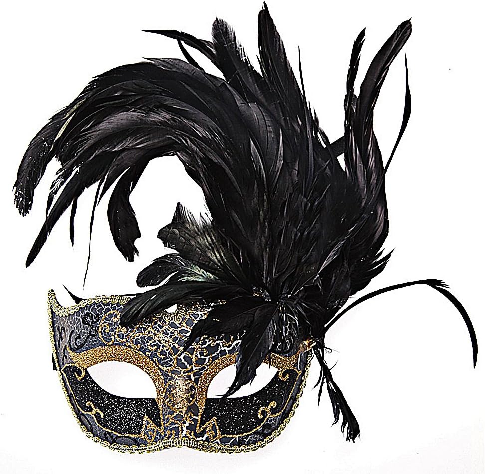 Maze Women's Colorful PVC Fancy Glittery Sequined Eye Masks With Big Feathers