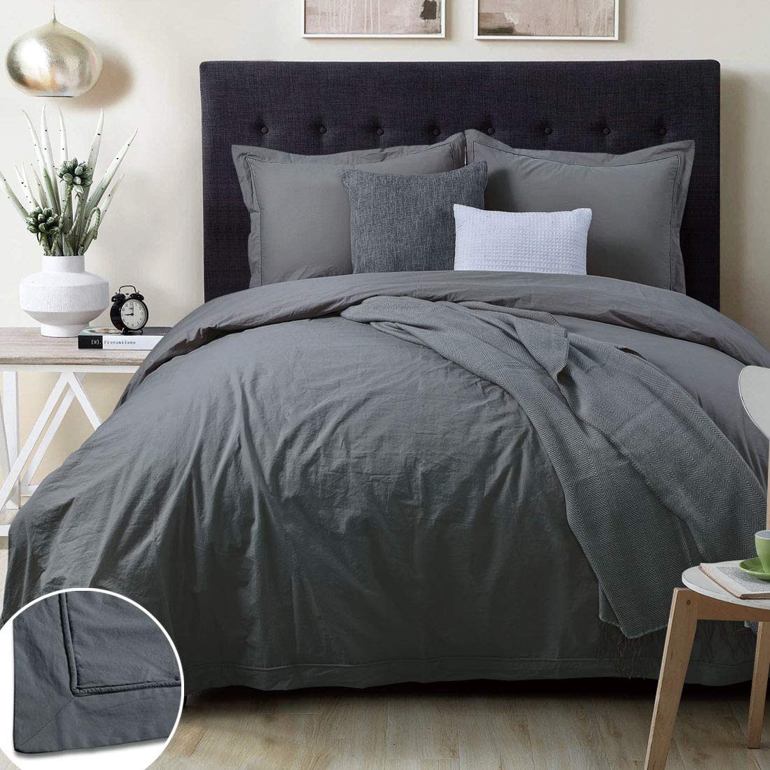 YINFUNG Charcoal Duvet Cover Queen Farmhouse Dark Grey Washed Cotton Mens 90x90 Quilt Cover Flange Border Modern Hemstitch Piping Edge 3piece Plain Gray Solid Trimmed Comforter Cover Bedding Set