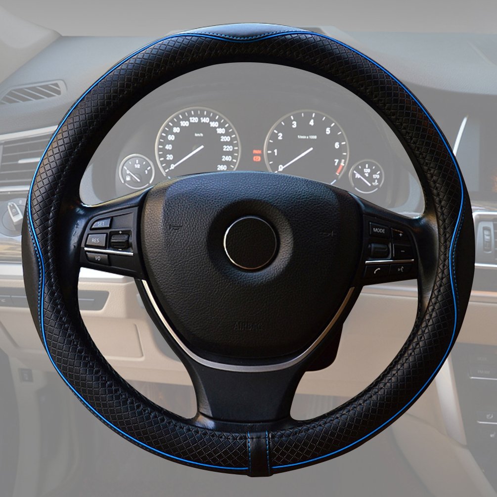 Fstarts Leather Steering Wheel Cover for Auto Car/Truck/Van/SUV (black with blue)