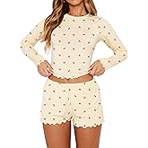 Lacozy Cute Pajama Sets for Women 2 Piece Floral Print Fall Pj Set Woman Long Sleeve Crop Top and Short Y2K Sleep Set