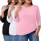 Ficerd 3 Pack Plus Size 3/4 Sleeve Tops for Women Round Neck T-Shirt Trendy Basic Tee Cozy Loose Blouse XL-5XL