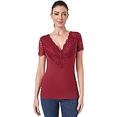 AmélieBoutik Women Lace Trim Sleeve Neckline Deep V Neck Sexy Short Sleeve Tops T-Shirt