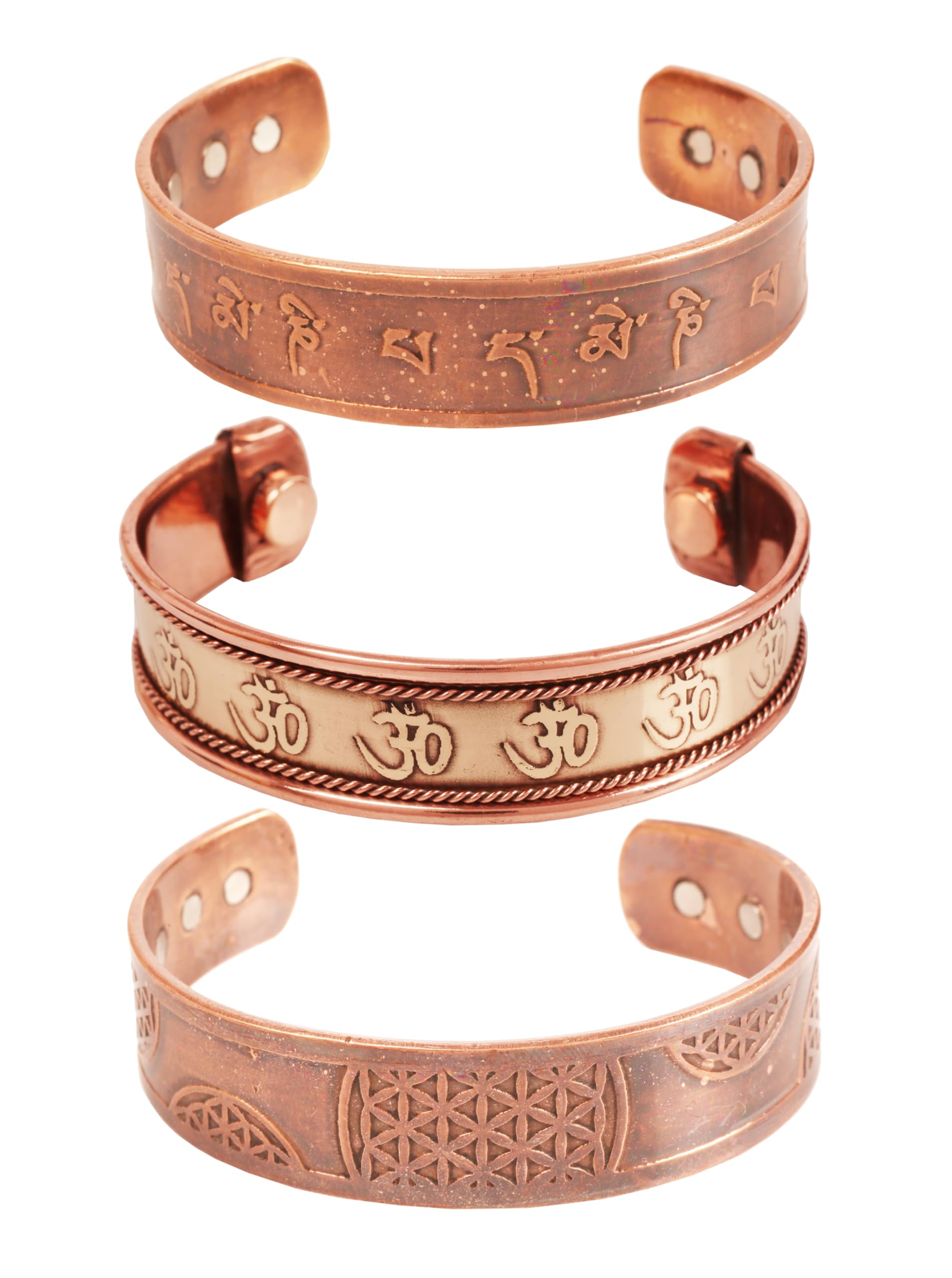 Touchstone copper magnetic bracelet tibetan style. hand forged with solid and high gauge pure copper. set of 3 different designs with Celtic Om Namah Shiva Mani Padme Hom Celtic Inscribed.