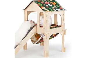 Bienbee Guinea Pig Hideout, Large Wooden Guinea Pig Castle with Stair, Hammock and Mat, Detachable Double-Decker Guinea Pigs House for Bunny Hamster Chinchilla Ferret Rabbit Guinea Pigs Accessories