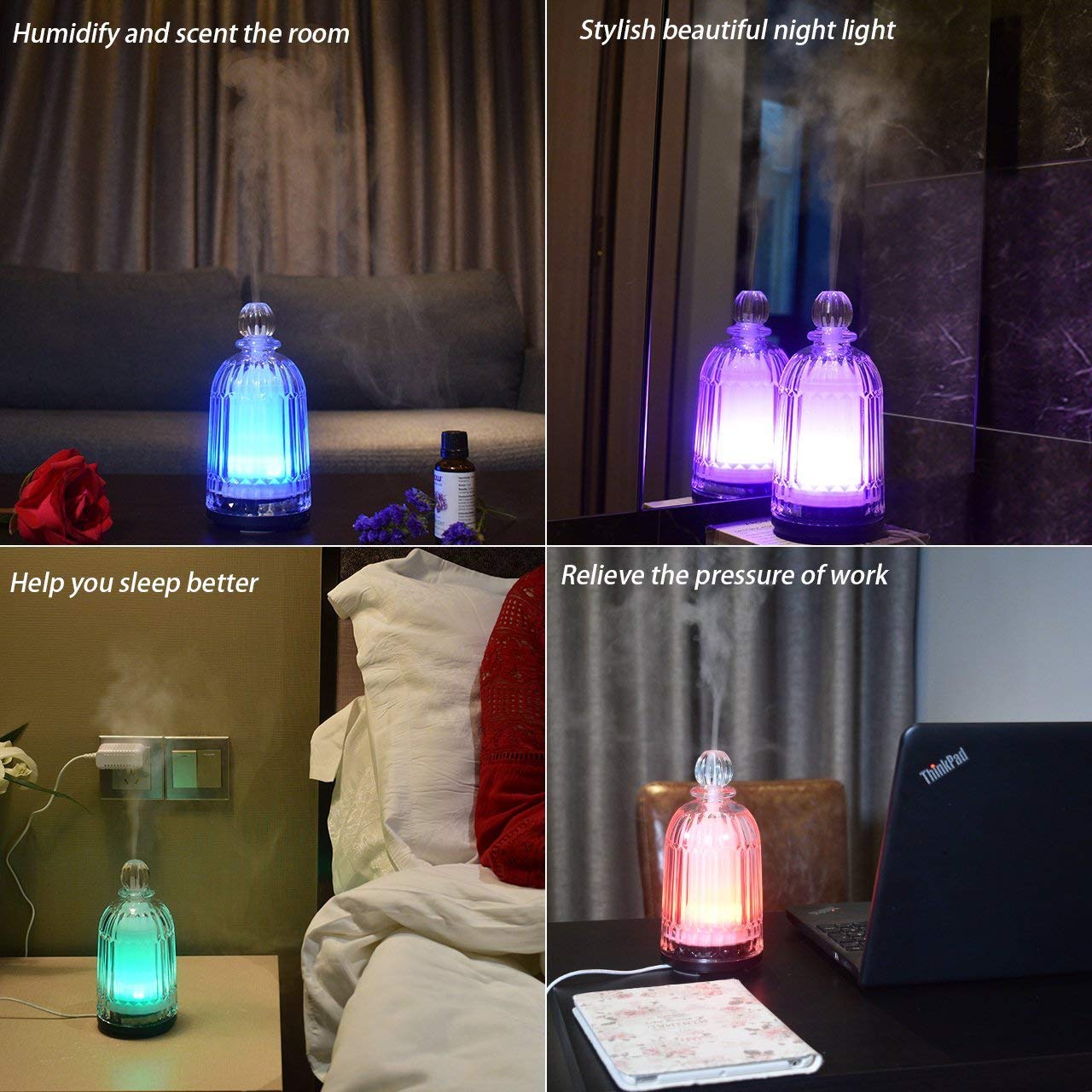 LATITOP Glass Oil Diffuser Ultrasonic Aromatherapy diffuser for Essential Oils with 7-color LED Lights, Automatic Shut-off Function (Black)