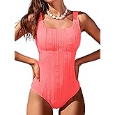 popvil Women's One-Piece Swimsuit - Modest Square Neck Solid Color Bathing Suit Cute Beach Vacation Swimwear