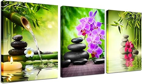 Amazon Com Zen Decor Canvas Wall Art 3 Panel Green Bamboo Picture Framed Painting For Living Room Bedroom Kitchen Home Office Stones And Orchid Spa Poster Ready To Hang Canvas Print Still