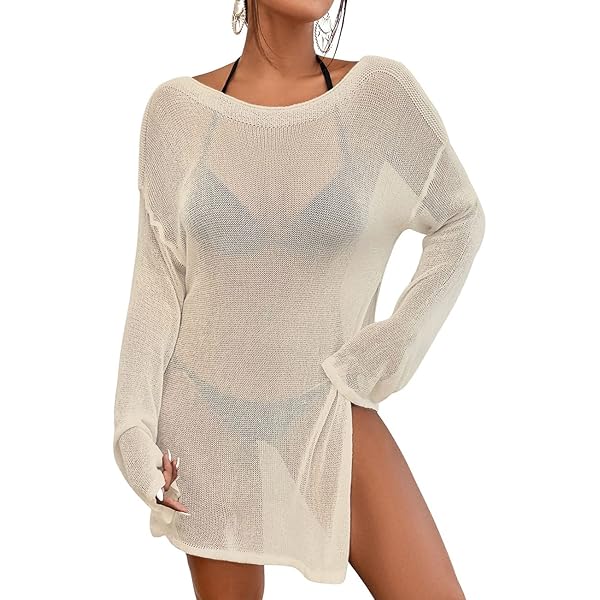 Willow Dance Women's Sheer Mesh Pearl Rhinestone Cover Up Beach Dress Swimwear Bikini Swimsuit Bathing Suit Coverups, White, Large