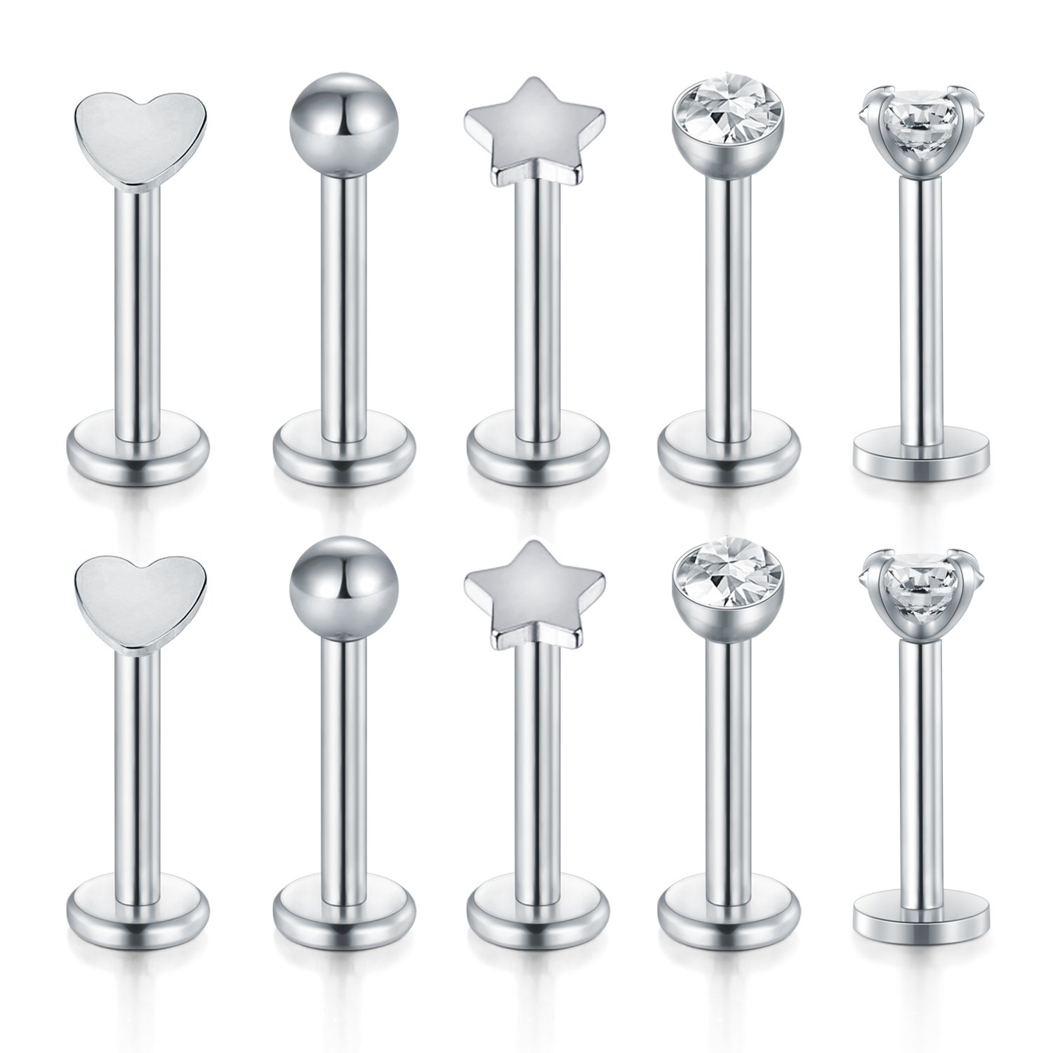 Funseedrr 5 Pair 16 Gauge Lip Larbet Stud Piercing Bars Set 8mm Silver Stainless Steel Tragus Helix Piercing Jewellery