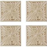 Pastlla 4Pcs Wooden Carved Appliques Onlays Square Leaf Pattern 2.33" | Unpainted, Solid Wood, DIY Cabinet Door Furniture Decoration, #2