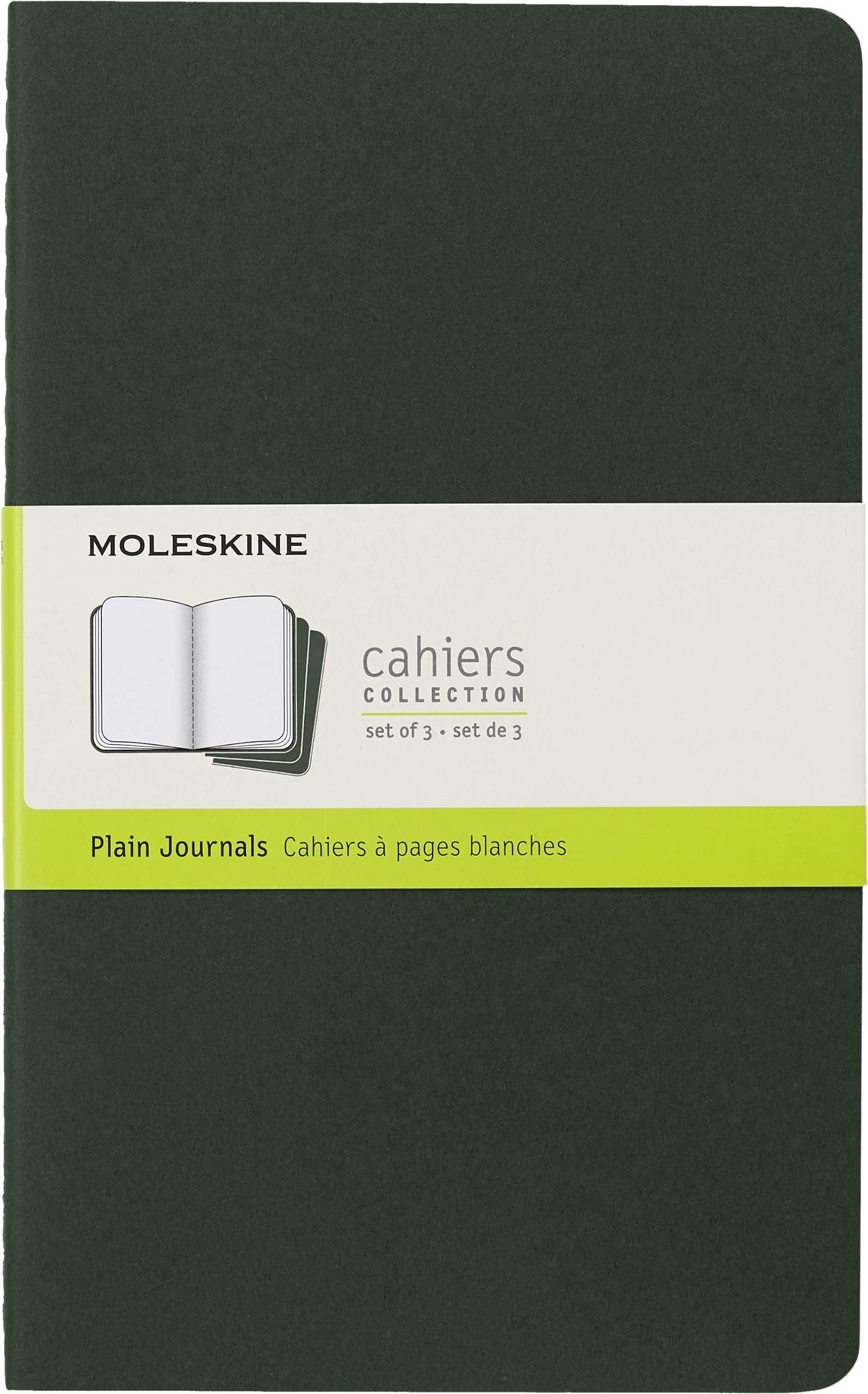 Moleskine Cahier Journal, Set 3 Notebooks with Plain Pages, Cardboard Cover with Visible Cotton Stiching, Colour Myrtle Green, Large 13 x 21 cm, 80 Pages