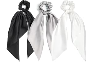 LFOUVRE 3PCS Hair Scarf Scruncheis for Women Knotted Bow Hair Ties Elastic Bands Satin Hair Ribbon Scrunchy Red Ponytail Holder for Women and Girls (Black White Gray)