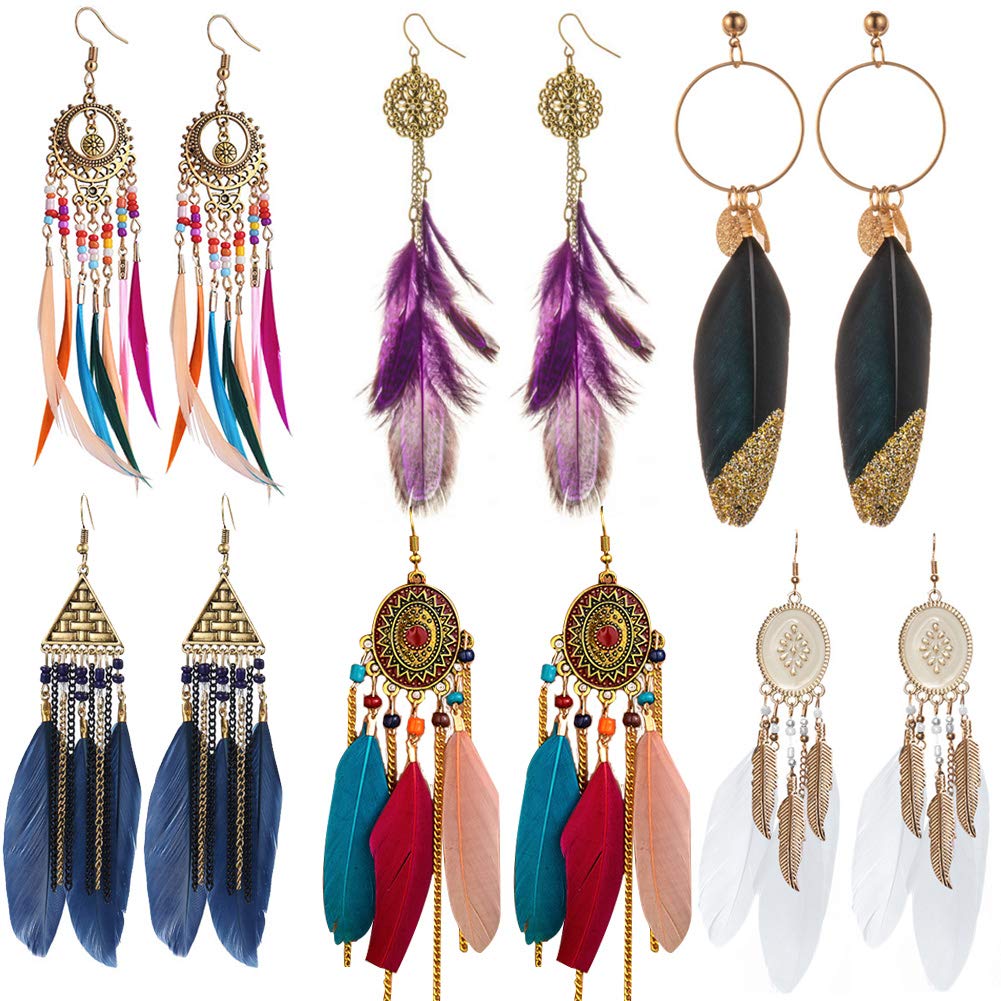 Bohemian Fringe Earrings 6 Pairs Faux Feather Dangle Set, Ethnic Colorful Tassel Long Drop Earrings For Women (Style A)