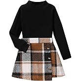 Axumity Toddler Kid Girls Plaid Outfits Girls Long Sleeve Knit Ribbed Shirt Tops Plaid Skirt Set Fall Winter Clothes（5-6T）