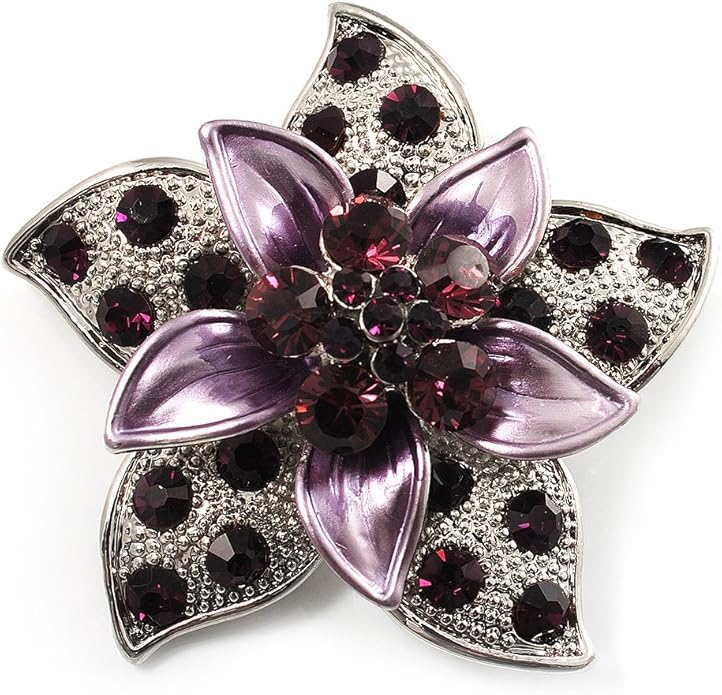 Avalaya 3D Enamel Crystal Flower Brooch (Purple) Brooches