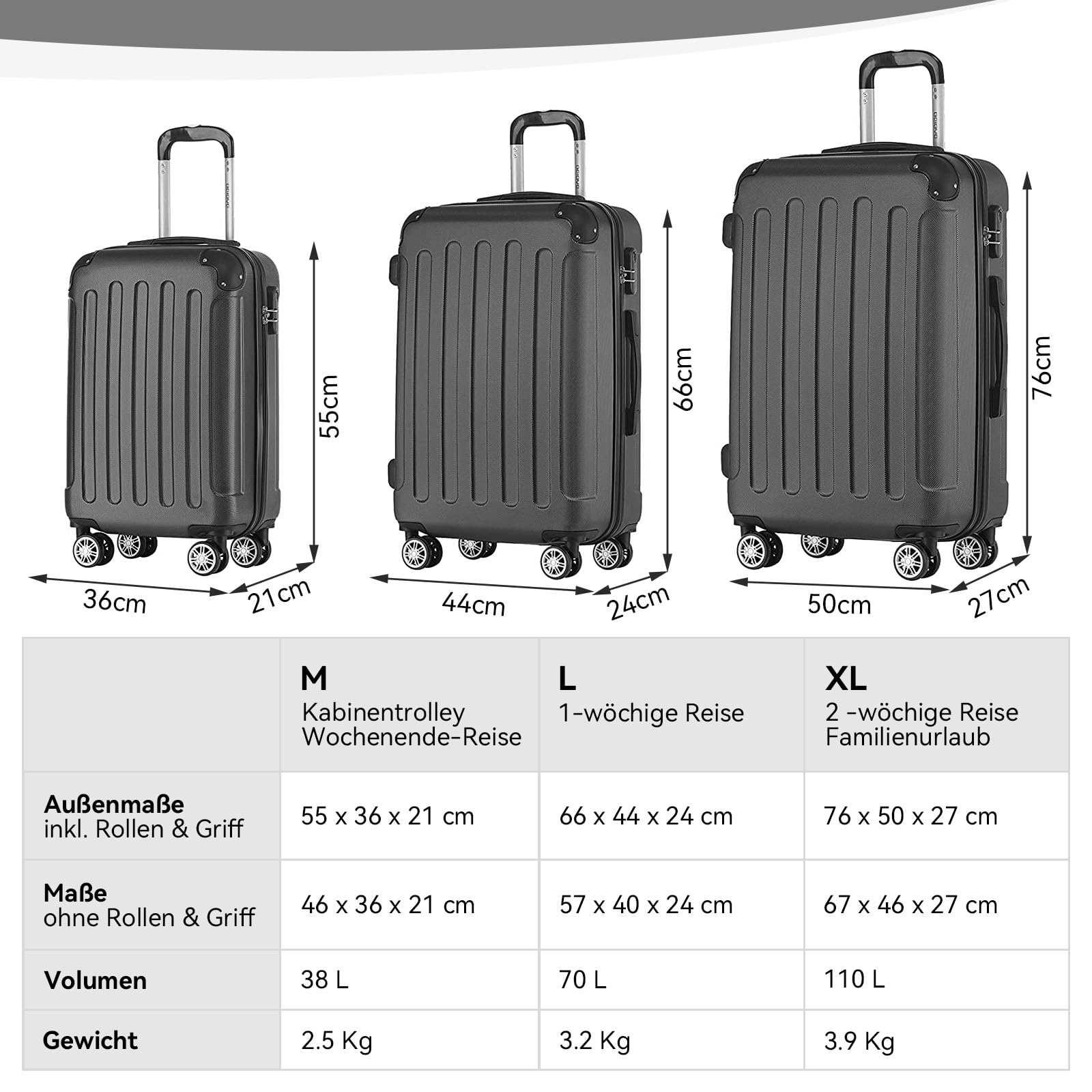 BEIBYE Handgepäck Koffer M 55 cm – Kabinenkoffer aus ABS, leicht, 360° Doppelrollen, Reisekoffer für Kurzreisen, Schwarz 6