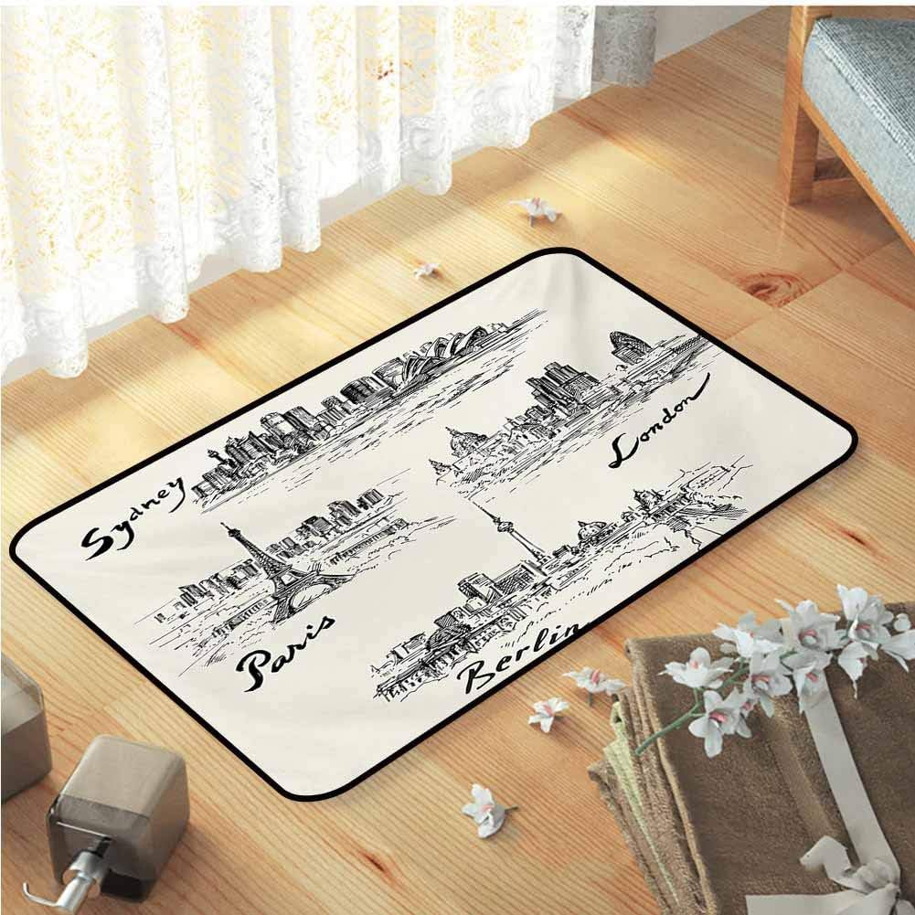 Travel Floor Mat, Silhouettes of Different Popular Cities in World Paris Sidney Berlin London Print Carpet Floor Mat Girls Rooms Kids Rooms Nursery for Living Room Kids Room, W35"x L59" Cream Black