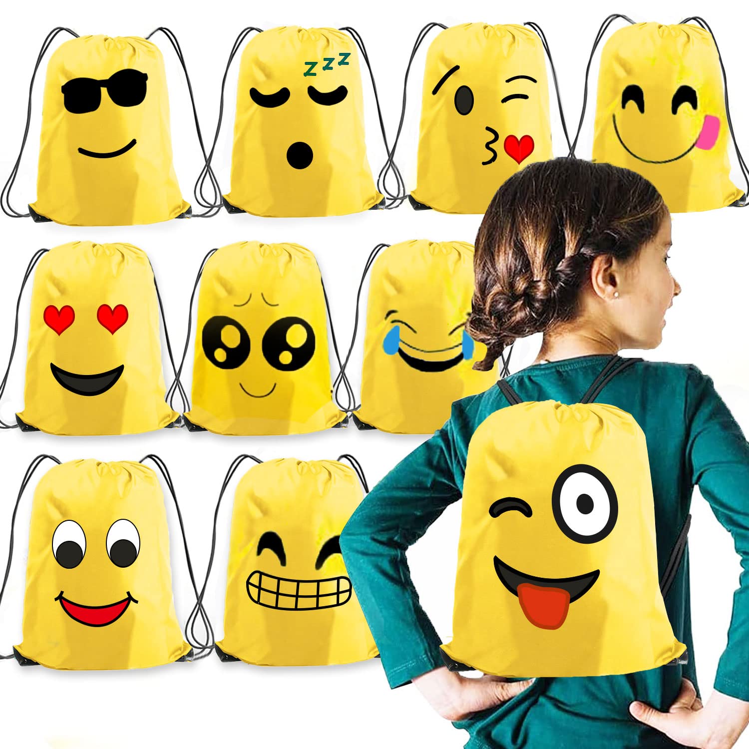 Voarge Pack of 10 Children's Emoji Gym Bag Backpack, Party Favour Bags, for Children's Birthday Party Bags, Gift Bag, Party Accessories, Christmas Halloween