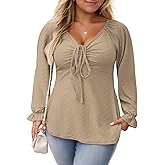 VISLILY Womens-Plus-Size-Tops Dressy V Neck Puff Ruffle Sleeve T Shirts Trendy Eyelet Blouses Casual Drawstring Loose Tunics