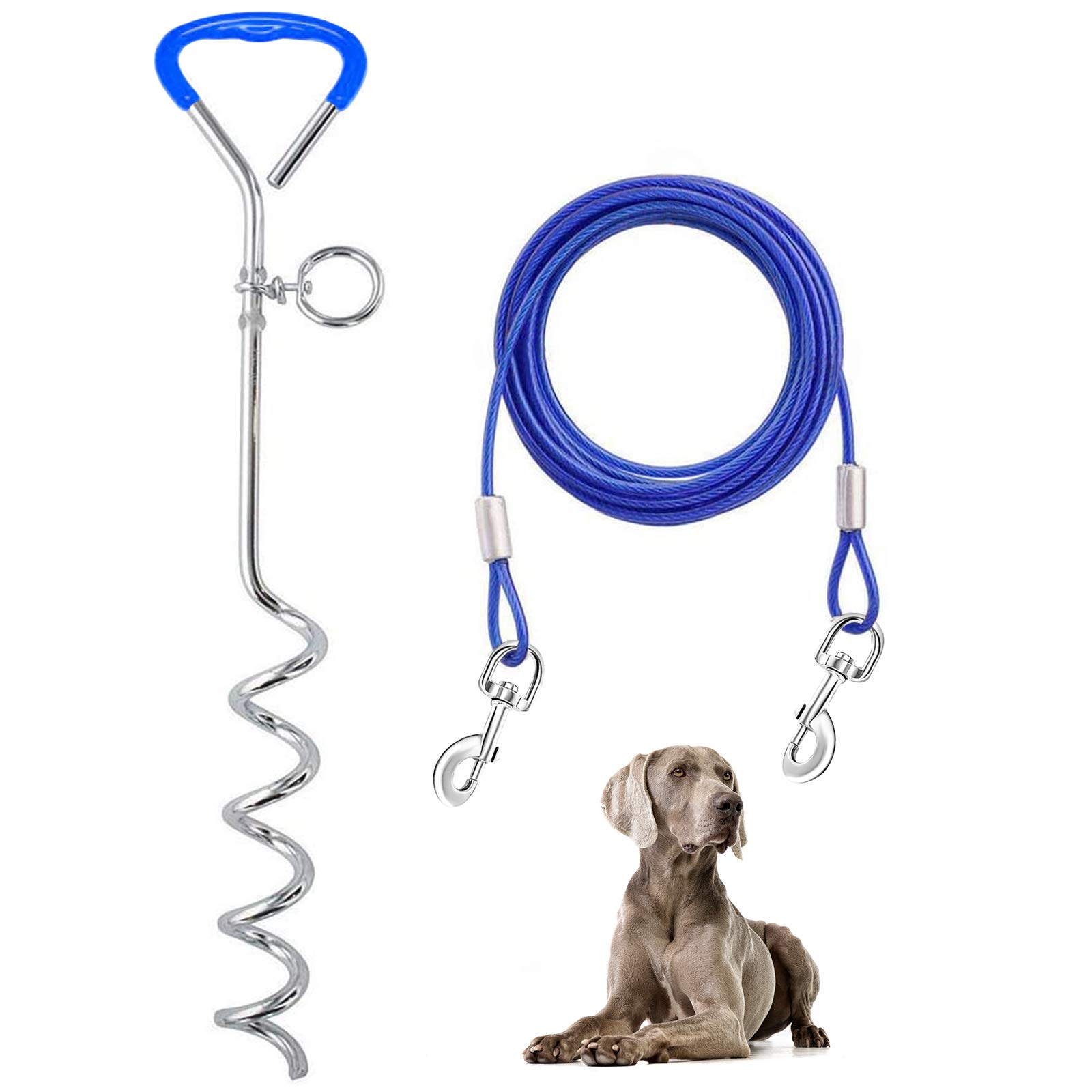 Supet Dog Tie Out Cable and Reflective Stake 32 ft Outdoor, Yard and Camping, for Medium to Large Dogs Up to 125 lbs, 16" Stake, 32 ft Cable (Blue 3m)
