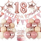 Jobkoo 18th Birthday Decorations for Girls, Retro Pink Nude Number 18 Balloon Set Happy 18th Birthday Banner Cake Topper Dusty Pink Beige Rosegold Star Balloons for Boho 18 Year Old Bday Party Decor