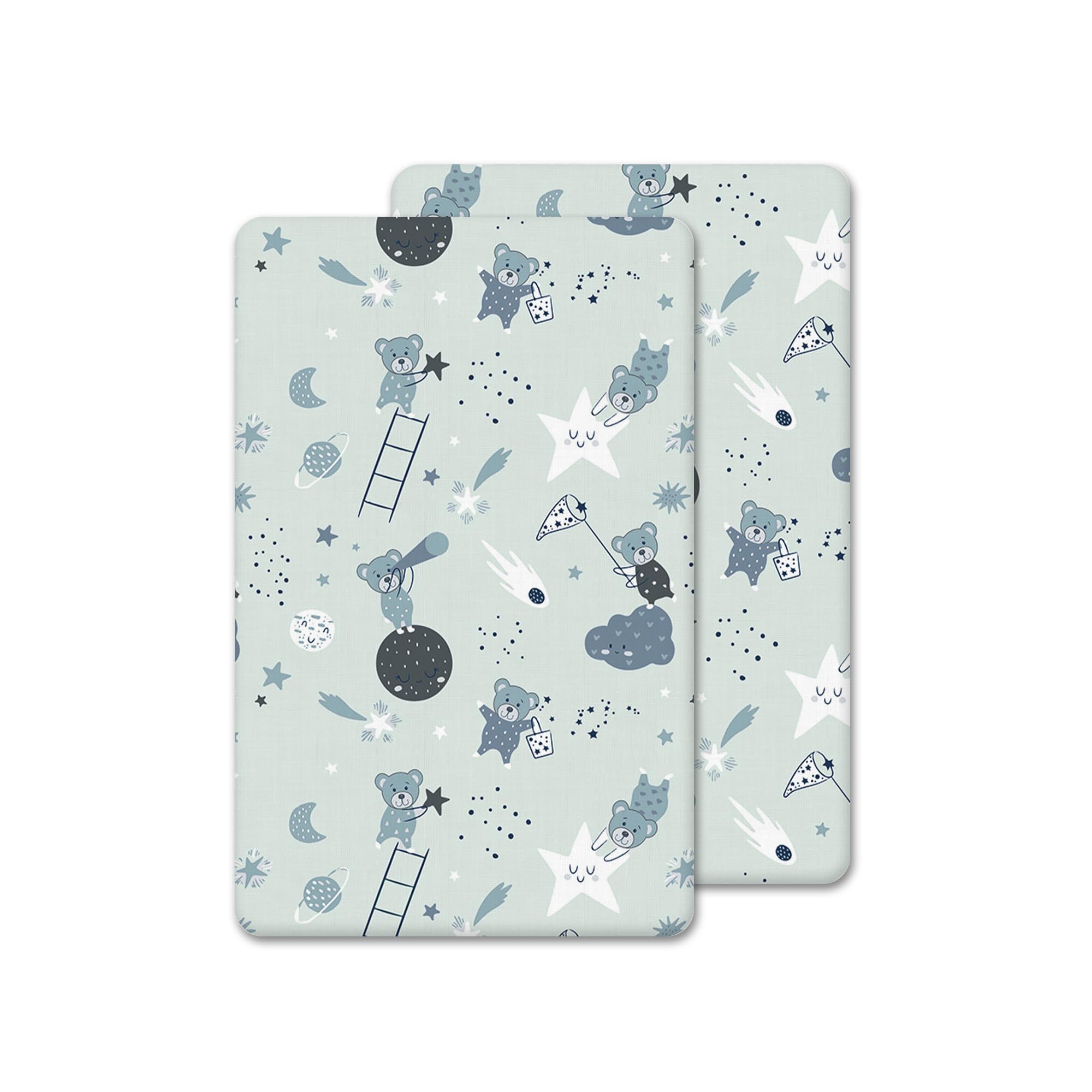 2 x Travel Cot Fitted Sheets - 100% Cotton, Soft & Comfy, Antiallergic & Breathable (Grey Teddy & Moon, 95 x 65 cm)
