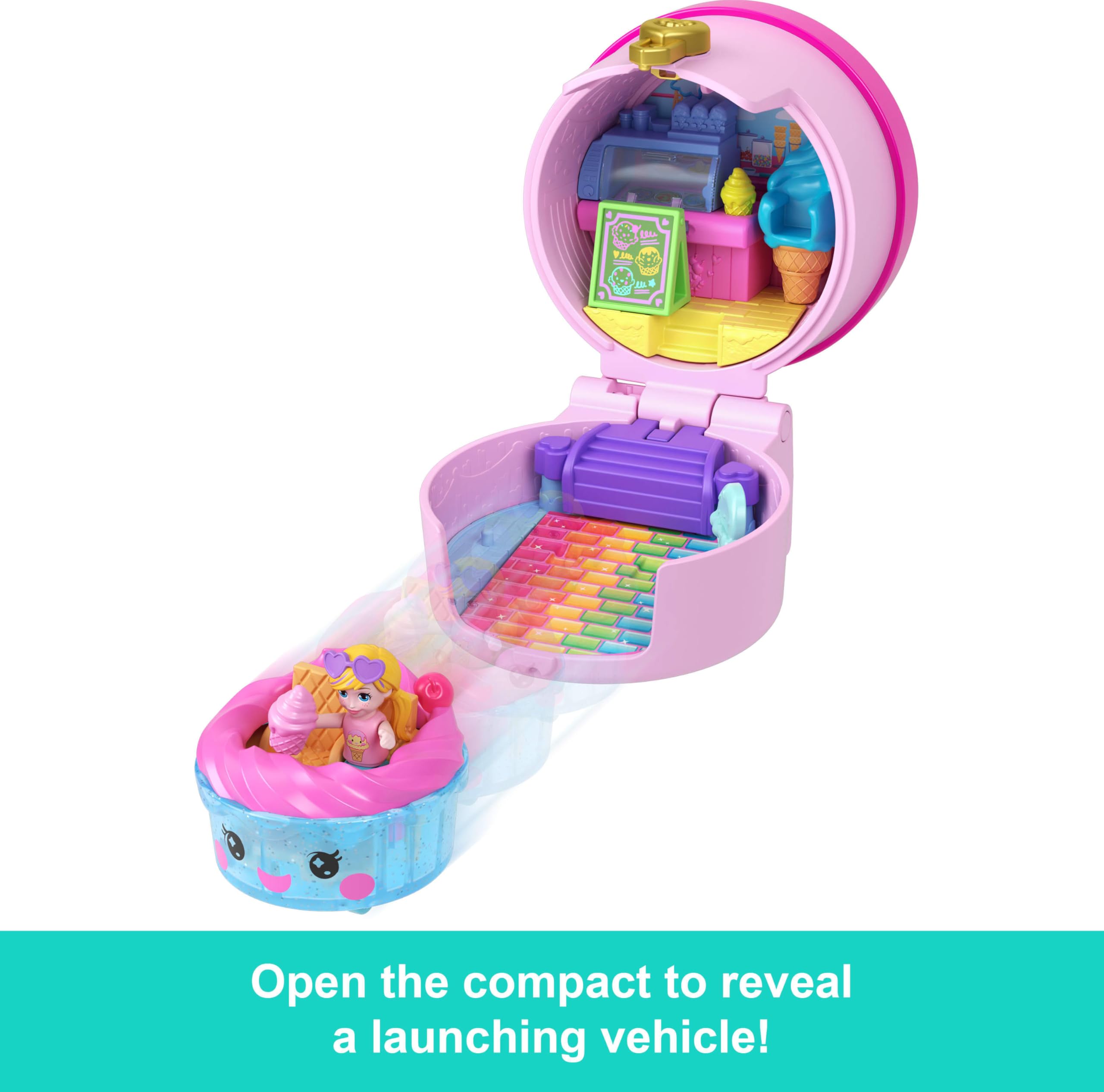 Polly Pocket Micro Dolls & Compacts with Toy Cars, Food Theme Vehicle Collection, Tiny Take Out Reveal Assortment with Surprises