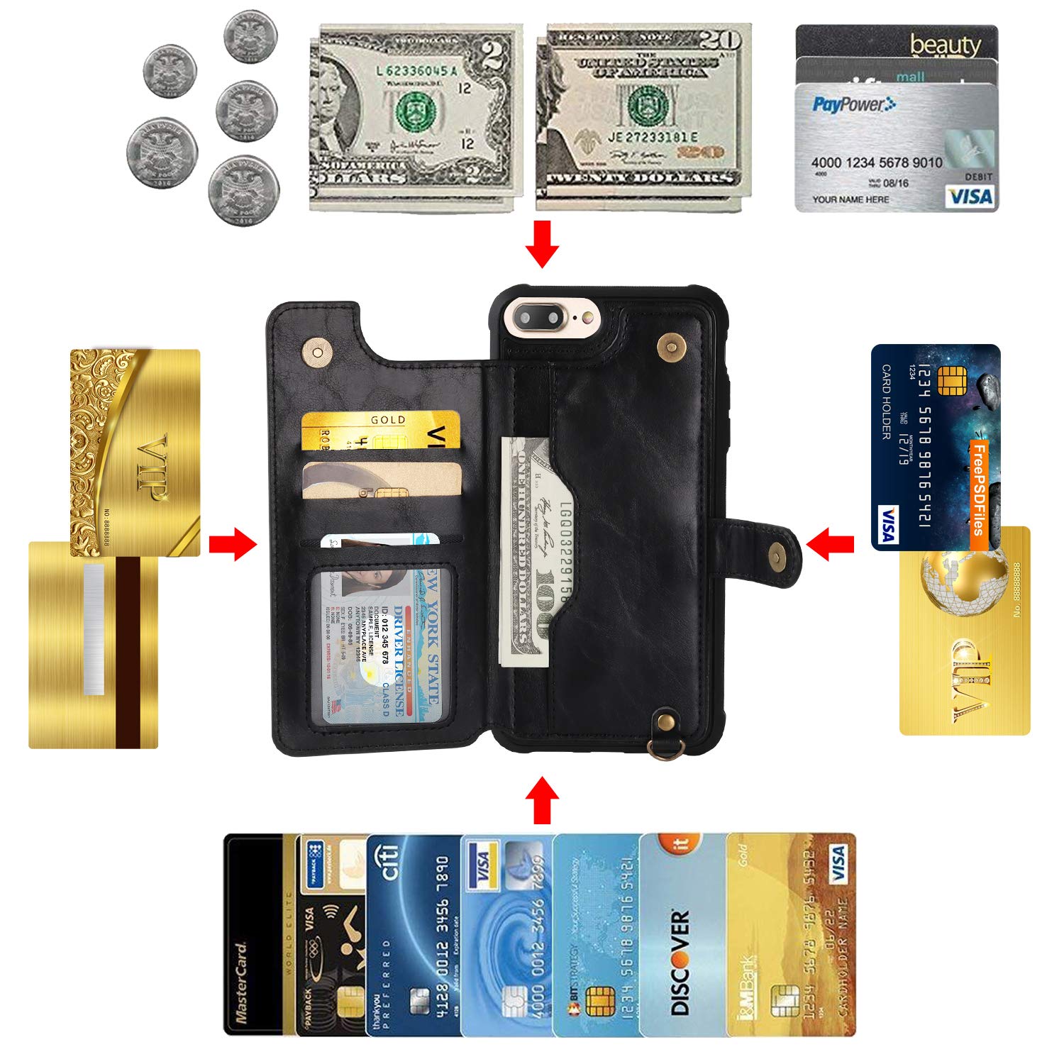 bangcool iPhone 8 Plus Wallet Case Credit Card Holder Slim Shockproof Flip Case Cover Compatible iPhone 7 Plus/8 Plus Clear Bumper Soft TPU Cover Case Screen Protector Glass