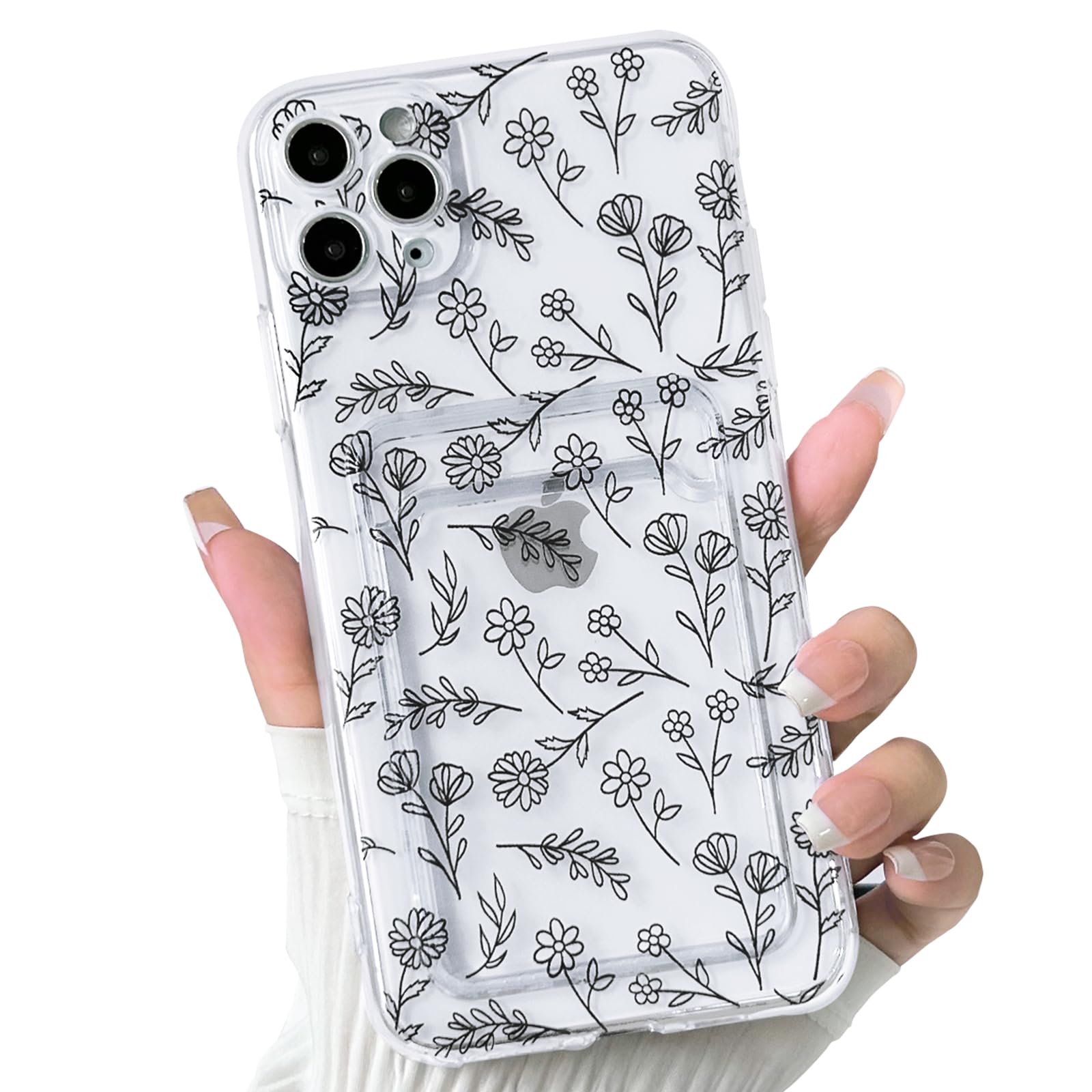 NITITOP Compatible with iPhone 11 Pro Case Clear with Card Holder Cute Flower Floral Leave Pattern for Women Girl Soft TPU Shock-Absorbing Wallet Case Protective Phone Cover - Black